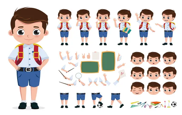 学校の少年キャラクター作成キットベクトルセット 就学前の学校に戻る 異なる表情や教育設計要素のための手のジェスチャーで学生の編集可能な文字 ベクターイラスト — ストックベクタ
