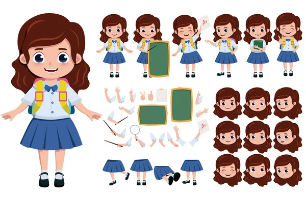 Chica Estudiante Creación Personajes Conjunto Vectores Creación Carácter Editable Niña — Vector de stock