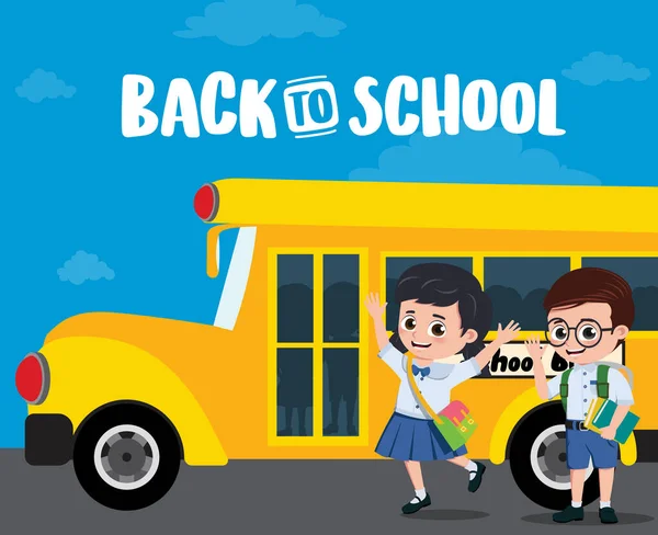 School Bus Students Vector Design Back School Text Elementary Student — Stock Vector