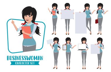 İş kadını karakter vektörü ayarlandı. İş kadını, sunumdaki genç ofis çalışanını ve boş beyaz tahtayı tutan el hareketlerini canlandırıyor. Vektör illüstrasyonu  