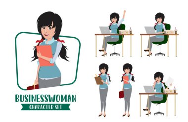 İş kadını genç karakter vektörü ayarlandı. Genç iş kadını kadın karakterler ofis çalışanları beyaz arka planda izole edilmiş demo sunumuna hazırlanıyorlar. Vektör illüstrasyonu