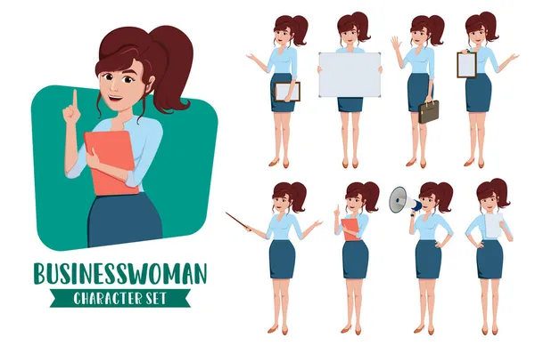 Businesswoman Juego Vectores Caracteres Personaje Mujer Negocios Venta Presentación Personal — Vector de stock