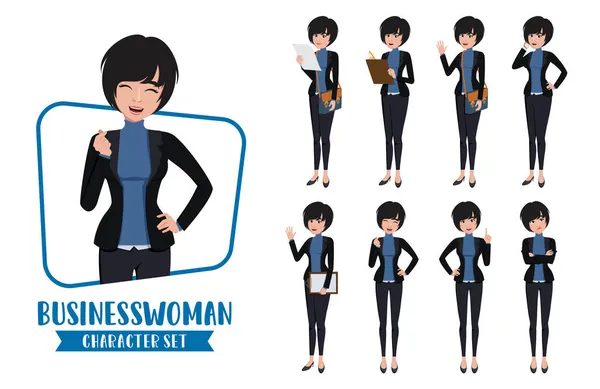 ビジネスマンのキャラクターベクトルセット キャリアスタッフの漫画コレクションのための異なる立ちポーズとジェスチャーでビジネス女性オフィス女性従業員の文字 ベクターイラスト — ストックベクタ