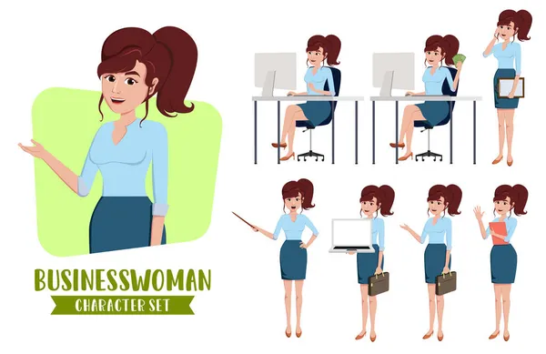 Zeichensatz Für Geschäftsfrau Geschäftsfrau Charakterisiert Büroangestellte Gespräch Schreibtisch Sitzend Und — Stockvektor