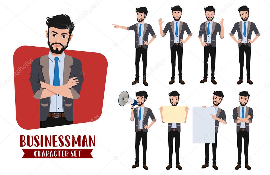 Business man characters vector set. Businessman character office employee in different pose and gestures like announcing, presenting and standing for sales presentation. Vector illustration. 