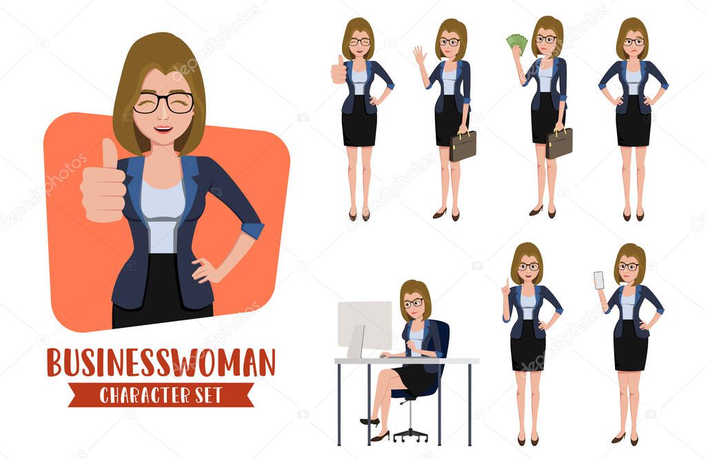 Businesswoman character vector set. Business female character office professional person in different pose and gestures like sitting, talking and waving for business and career collection design. Vector illustration.