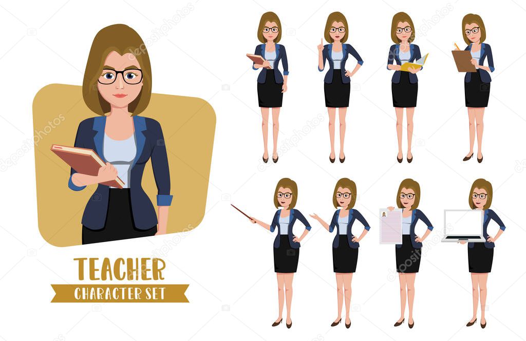 Teacher character vector set. Female teacher characters standing for presentation and education learning with different pose and gestures like teaching, presenting, reading, and writing. Vector illustration. 