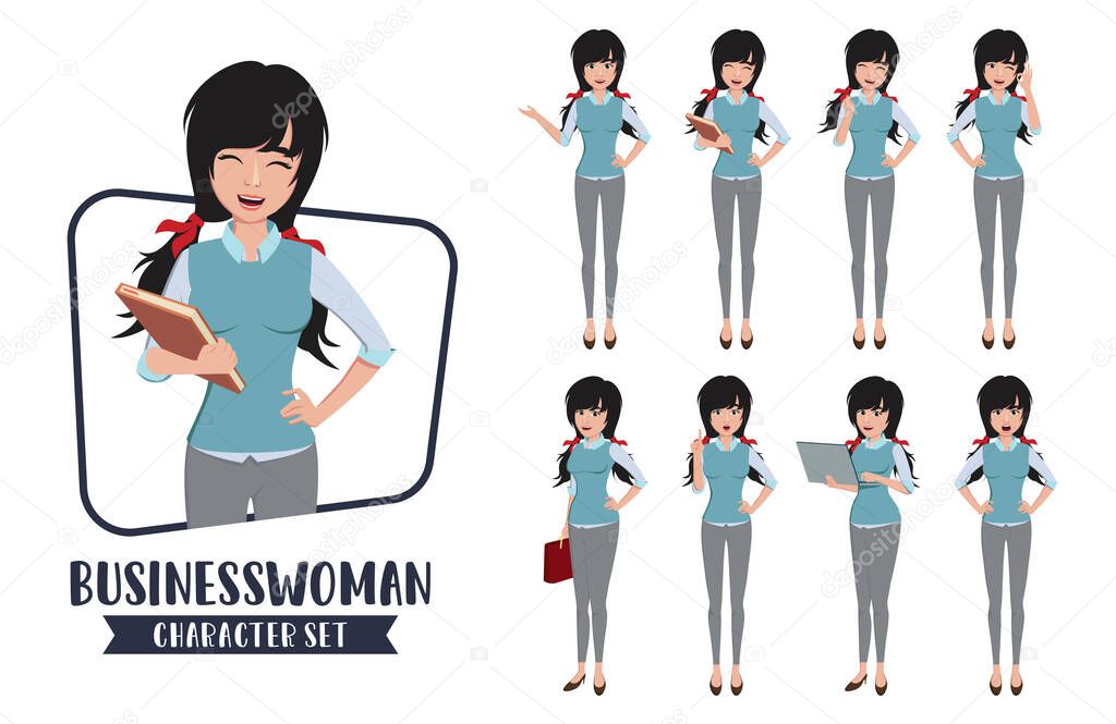 Business woman young character vector set. Female student characters or office employee staff in different standing pose and gestures for cartoon collection design. Vector illustration  