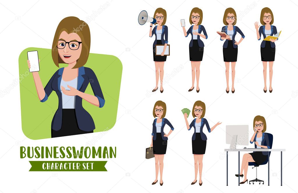 Businesswoman character vector set. Business woman characters set of office female professional sales employee in marketing holding phone pose and gestures for business demo design elements. Vector illustration.