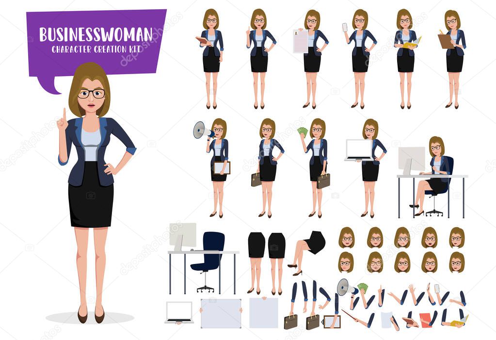 Business woman character creation kit vector set. Businesswoman characters create editable face, hand and body movement for office sales employee with isolated body parts. Vector illustration. 