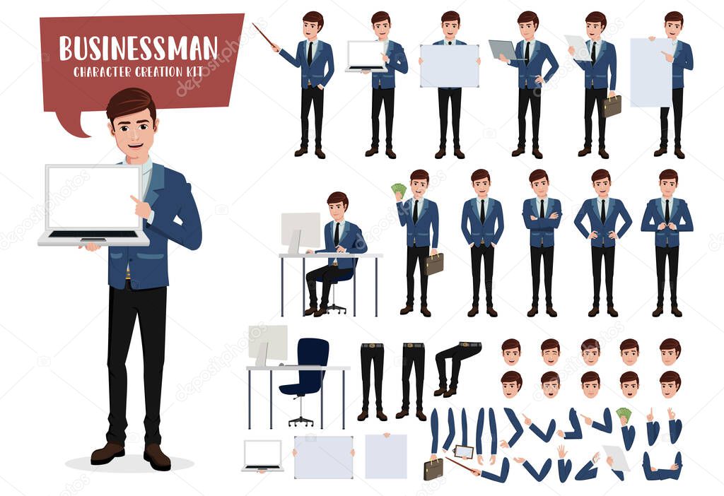 Businessman character creation kit vector set. Business man characters for office sales presentation editable create face, hand and body gestures and movement holding laptop with isolated body parts. Vector illustration.  
