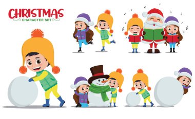 Christmas vector character set. Christmas kid characters in playing snow, skating and caroling with santa claus for xmas winter holiday season design. Vector illustration   clipart
