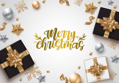 Noel vektörü arka plan şablonu tasarımı. Beyaz boşluktaki mutlu noel mesajları hediyeler, toplar ve kar taneleri içeren zarif xmas dekorasyon unsurları için. Vektör illüstrasyonu   