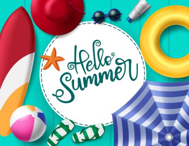 Hello summer vector background template. Hello summer text with beach elements like umbrella, surfboard, hat, lifebuoy, beach ball, flip flop, sun gasses and sunscreen in green wood texture background. Vector illustration.   clipart
