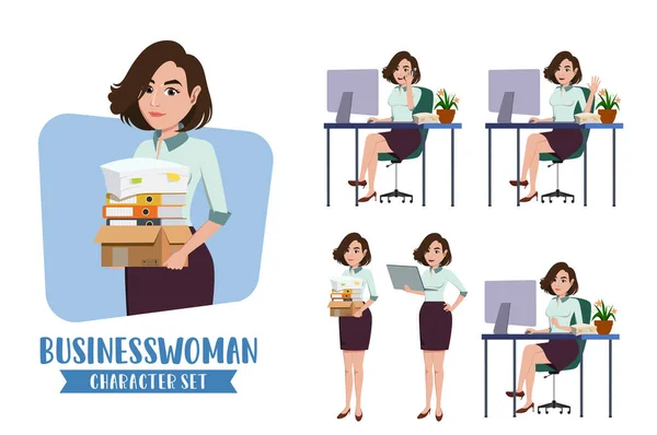 Businesswoman Juego Vectores Caracteres Personajes Mujer Negocios Empleada Oficina Sentada — Vector de stock