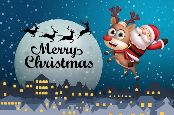 メリークリスマスのベクターの背景デザイン クリスマスのホリデーシーズンのグリーティングカードのために街のトナカイの文字に乗ってサンタクラスと月の要素のメリークリスマステキスト ベクターイラスト — ストックベクタ