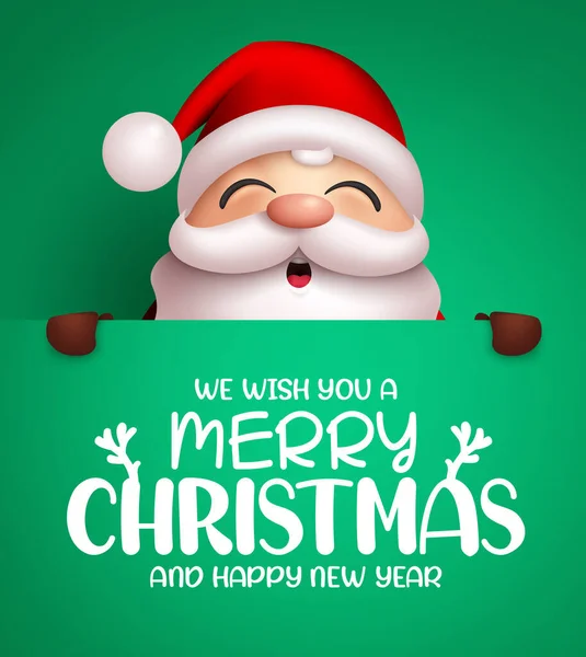 クリスマスサンタクラスベクトルバナーテンプレート クリスマスのメッセージグリーティングカードのためのスペースと緑の空のバナーを保持サンタ文字とメリークリスマステキスト ベクターイラスト — ストックベクタ
