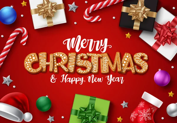 赤い背景ベクトルのデザインでクリスマス クリスマスグリーティングメッセージカードとお祝いのための空のスペースとカラフルな装飾要素とメリークリスマスジンジャーブレッドテキスト ベクターイラスト — ストックベクタ