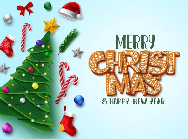 メリークリスマスベクトルバナーテンプレート クリスマスのお祝いのグリーティングカードのためのクリスマスの装飾要素とのメッセージのための空のスペースでメリークリスマスジンジャーブレッドテキスト ベクターイラスト — ストックベクタ
