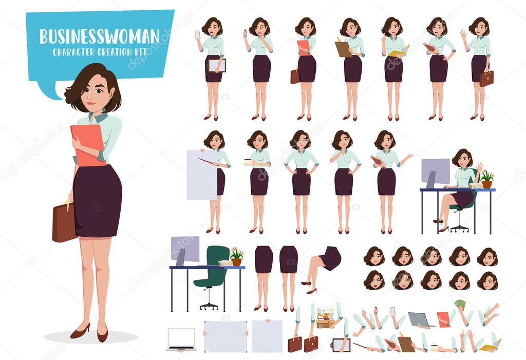 Businesswoman character creation vector set. Business woman characters female office employee staff demo presentation editable create face and body parts movement. Vector illustration