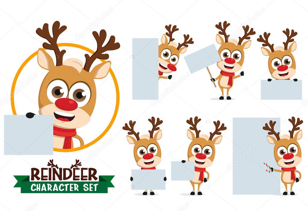 Reindeer characters vector set. Reindeers character in different pose and gesture holding empty white board for xmas presentation and greeting banner card. Vector illustration