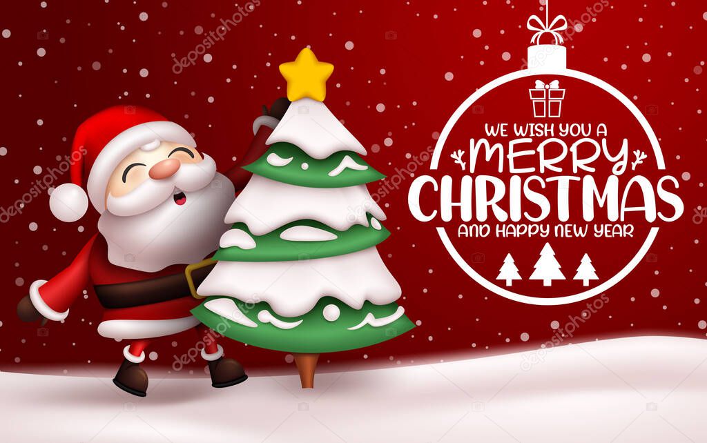 Merry christmas vector banner background. Merry christmas typography text with santa claus character decorating xmas tree for winter snow holiday season design. Vector illustration.