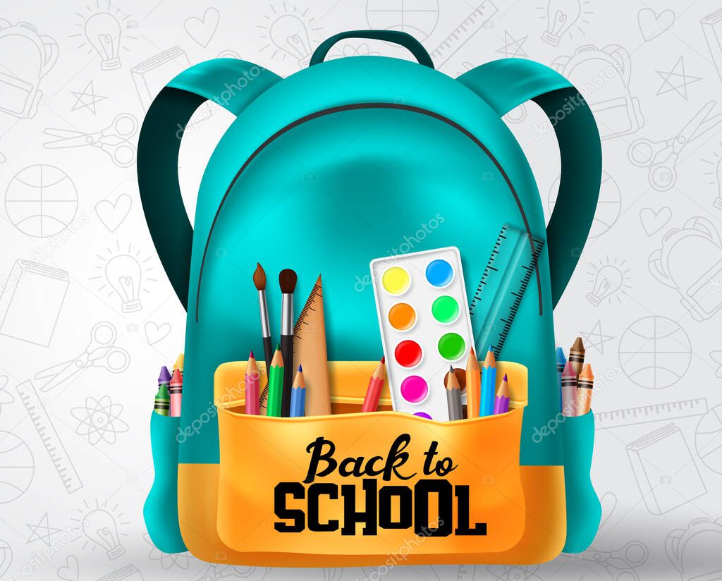 Back to school vector concept design. Back to school text in school bag element and education items like color pencil, crayons, water color and ruler in patterned background. Vector illustration.