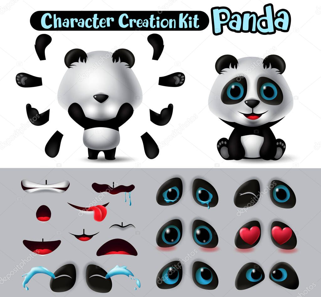 Pandas character animal  vector creation set. Panda characters animal eyes, mouth and body parts kit editable create for cartoon collection design. Vector illustration