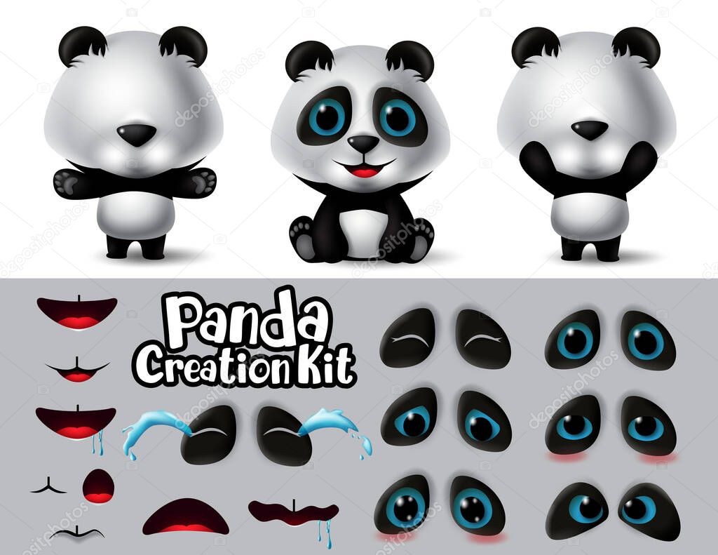 Panda animals character creator vector set. Pandas character editable eyes and mouth create kit with different expression and emotion for cartoon collection design. Vector illustration 