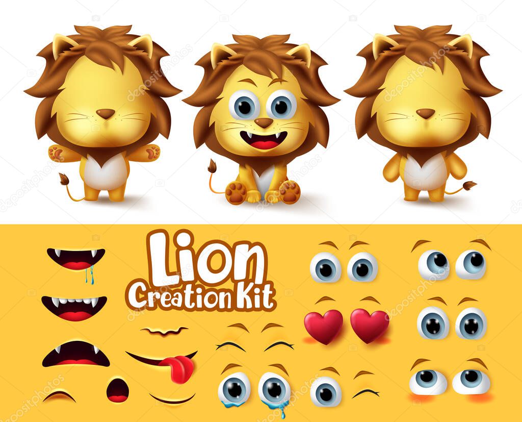 Lions animal characters creator vector set. Lion animals character editable eyes and mouth body parts create kit with different emotion and facial expression for cartoon collection design. Vector illustration