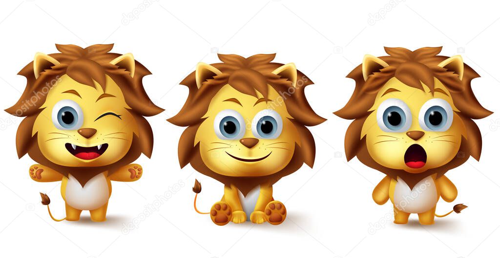 Lion animals vector character set. Little lions animal kids characters in different facial expression like cute, happy and surprise for wildlife avatar design elements collection. Vector illustration
