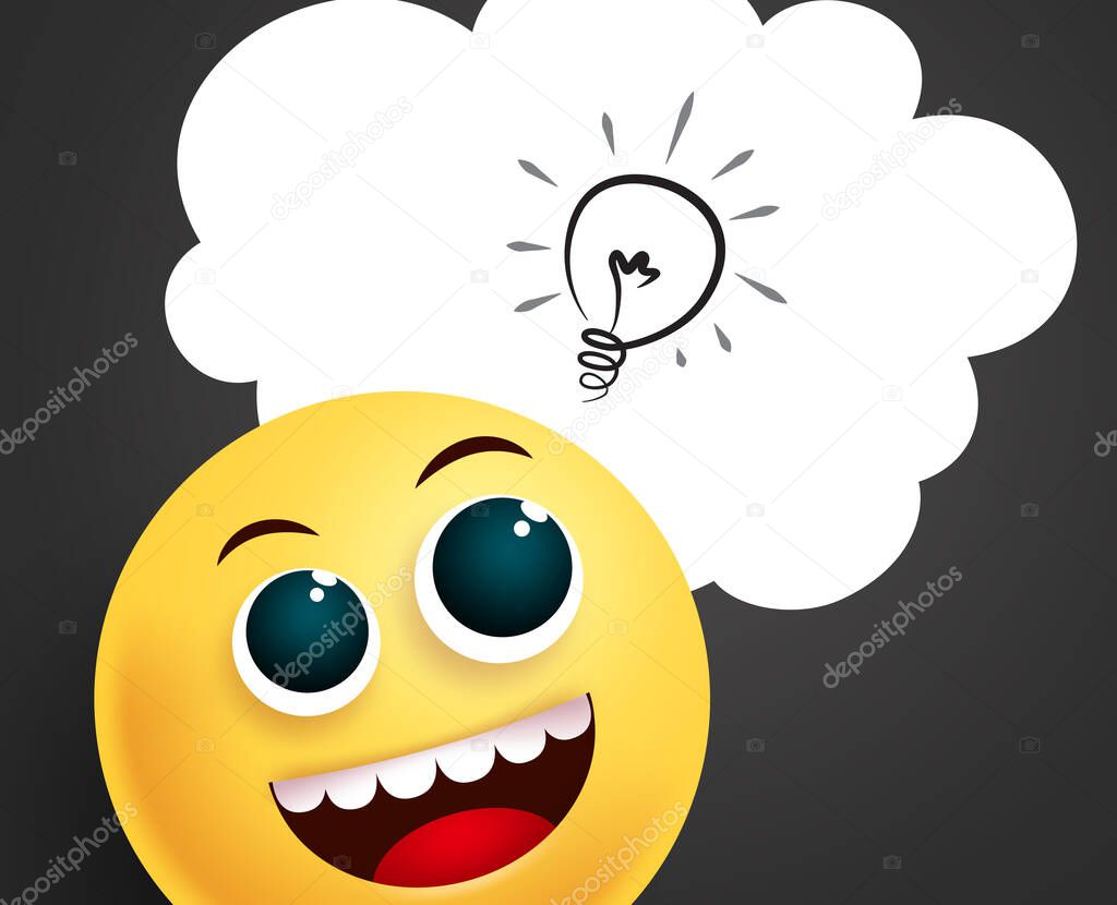Emoji thinking idea vector template. Smiley emoji thinking bright ideas in smiling facial expression with white space for problem solving design. Vector illustration. 