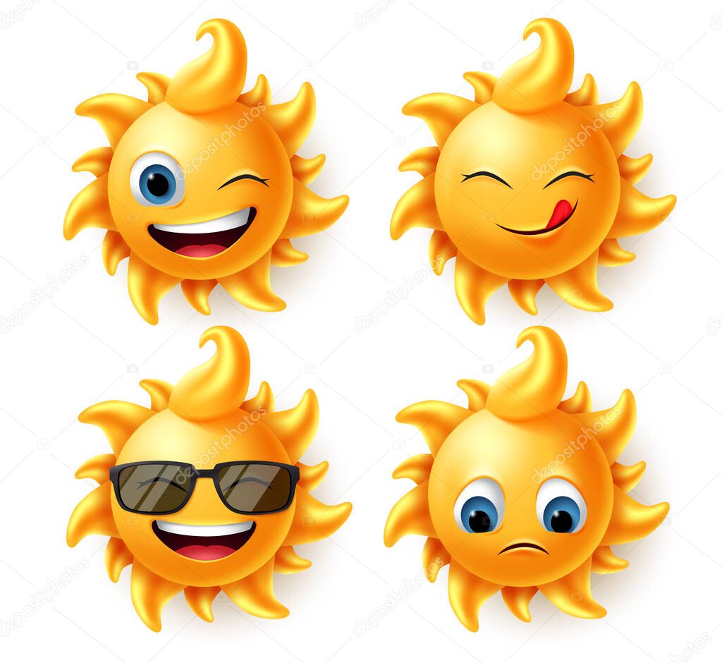 Sun summer character vector set. Sun cute characters in 3d realistic design with different expression like hungry, laughing, naughty and sad faces isolated in white background. Vector illustration. 