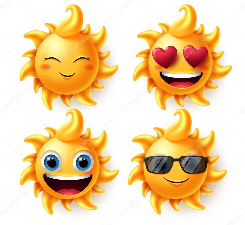 Sun summer characters vector set. Sun character in different facial expressions like In love, blissful, excited and smiling for emojis and emoticons collection in white background. Vector illustration. 