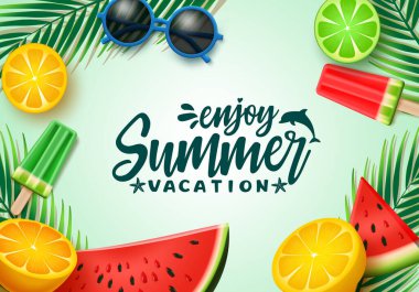 Yaz metin vektörü arkaplan şablonu. Yeşil arka planda karpuz, limon, buzlu şeker ve palmiye yaprakları gibi tropikal elementlerle yaz tatili tipografisi. Vektör illüstrasyonu. 