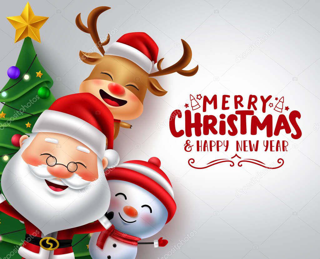 Christmas characters vector banner template. Merry christmas text in white empty space for messages and xmas character like santa, reindeer and snowman for holiday season greeting card. Vector illustration
