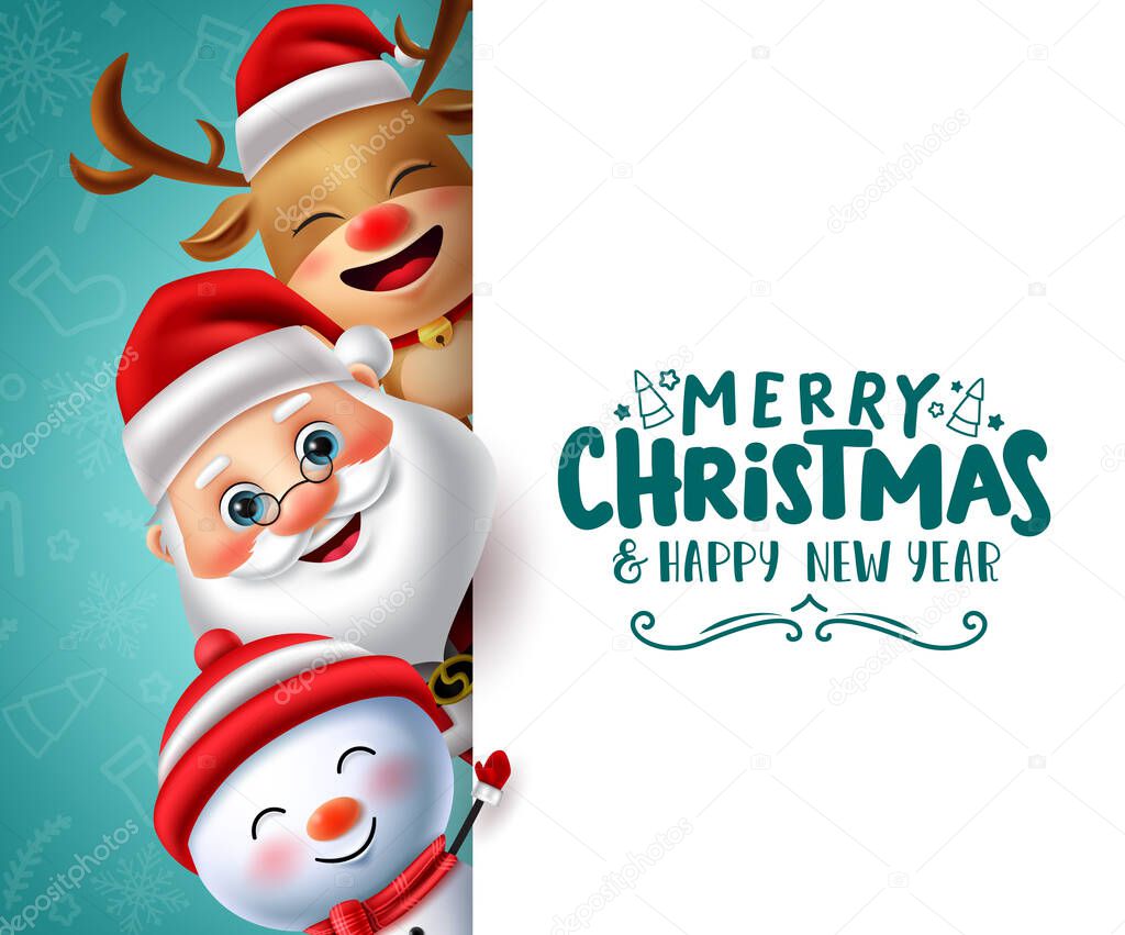 Merry christmas character vector banner template. Merry christmas text in white empty space for messages with santa claus, snowman and reindeer xmas characters for greeting card. Vector illustration  
