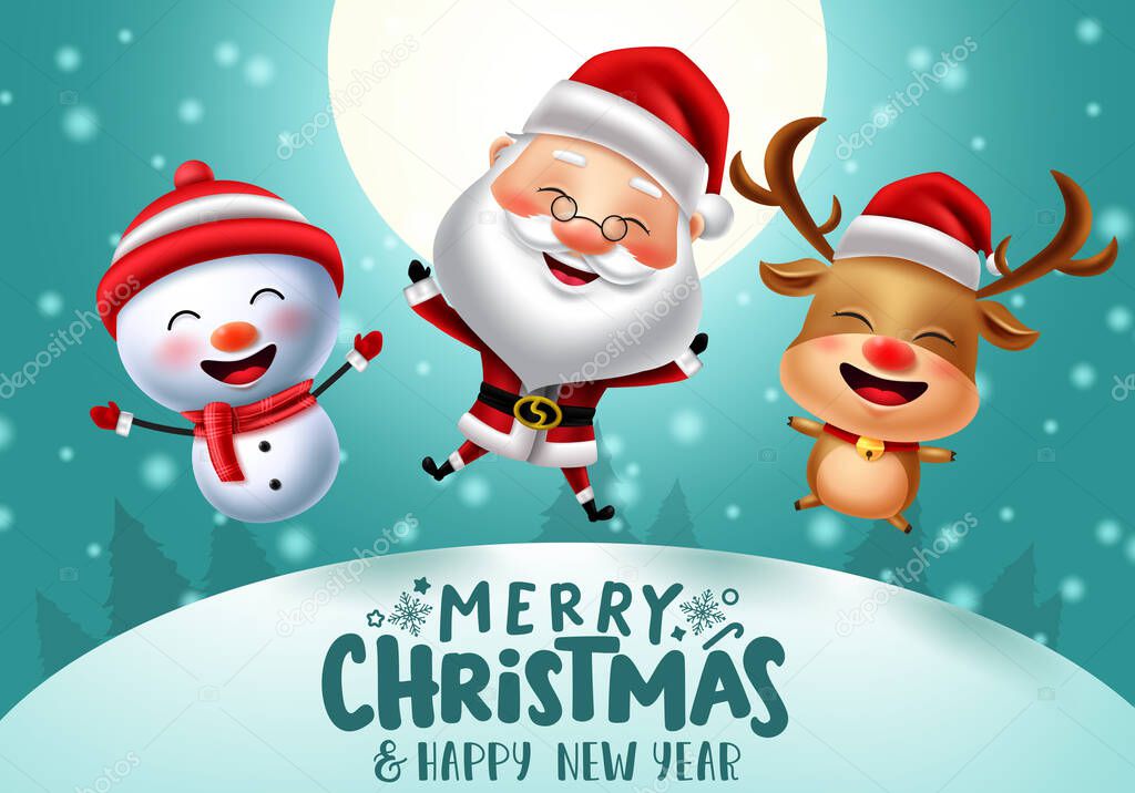 Merry christmas vector banner background design. Merry christmas text with santa claus, reindeer and snowman xmas characters playing in falling snow for holiday season xmas greeting card. Vector illustration