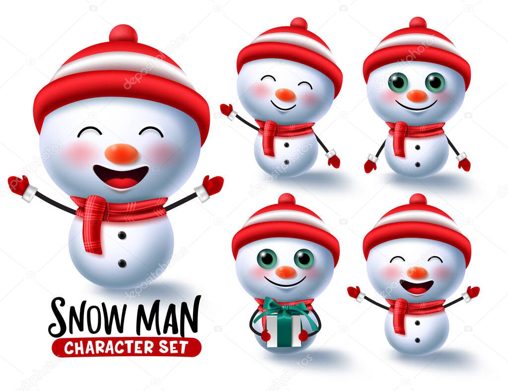Snow man character vector set. Snowman christmas characters In different pose and gestures wearing red scarp and hat isolated for winter cartoon collection design. Vector illustration    