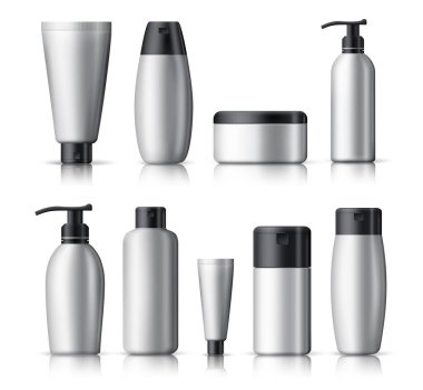 Kozmetik, şişe vektör seti. Beyaz, boş kozmetik şişelerinden oluşan gerçekçi kozmetik paketlerini taklit et. Beyaz arka planda siyah kapaklı kaplar. Vektör illüstrasyonu 