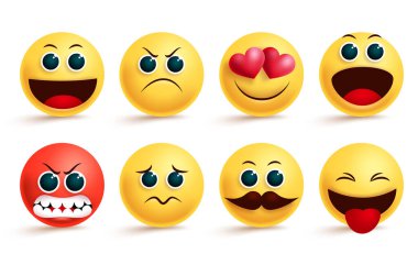 Smiley emoji vektör seti. Sevimli kızgın, aşık, üzgün ve heyecanlı yüz ifadeleri ve tasarım unsurları için duyguları olan sarı gülücükler ve ifade ifadeleri. Vektör illüstrasyonu.  