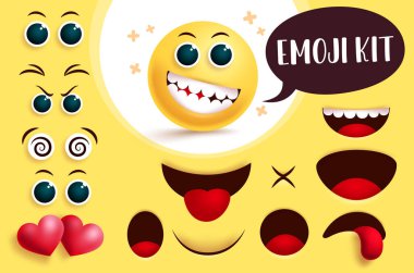 Emoji Smiley vektör kiti oluşturun. Sarı gülen surat emojisi ve düzenlenebilir gözleri ve ağzı olan ifade işaretleri ve sembol koleksiyonu için sevimli bir yüz ifadesi yaratıyor. Vektör illüstrasyonu.