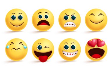 Smiley emoji vektör seti. Emoji 'nin sarı yüzlü gülüşü ve ifade şekli aşk dolu, kızgın, mutlu ve tasarım öğesi için izole edilmiş şirin yüz ifadeleri. Vektör illüstrasyonu.   