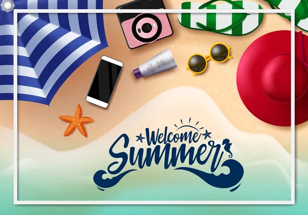 Willkommen Sommer Vektor Banner Design Willkommenstext Mit Weißem Rahmen Und — Stockvektor