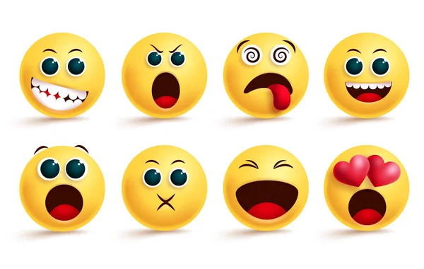 Conjunto Vetor Emoticon Sorridente Smileys Emoji Emoticons Rosto Amarelo Com —  Vetores de Stock