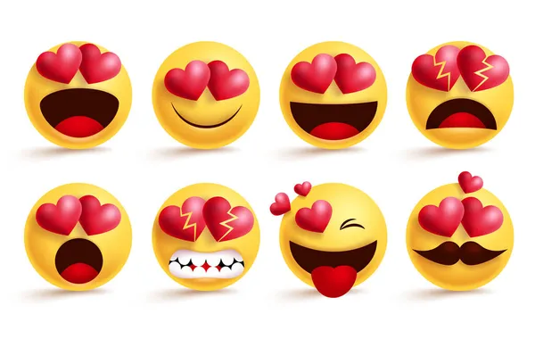 Smileys Emoji Med Kärlek Hjärtan Vektor Set Smiley Emojis Och — Stock vektor