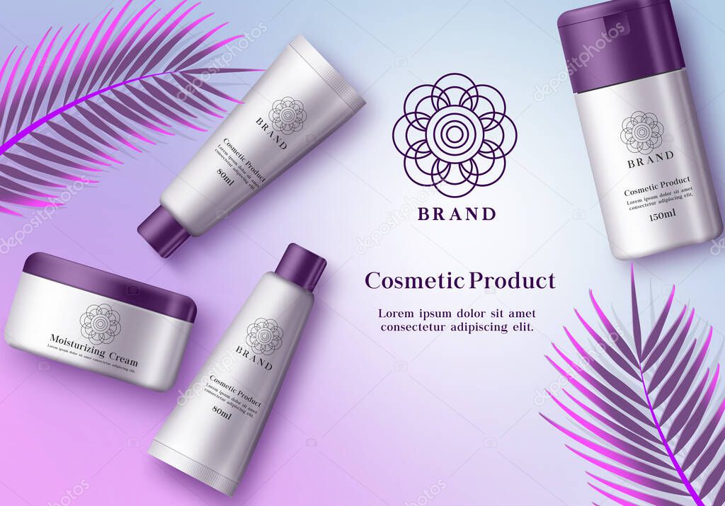 Cosmetics mock up vector banner template. Cosmetic product skin care bottle of moisturizing cream, whitening, sun protection and lotion elements in elegant packaging with violet cap and leaf in background. Vector illustration 3d realistic.