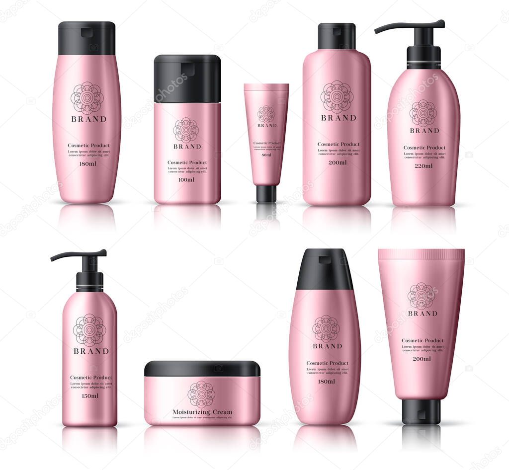 Cosmetics bottles vector set. Cosmetics package collection of mock up pink bottles for lotion, moisturizing and skin care cream for advertising purposes isolated in white background. Vector illustration
