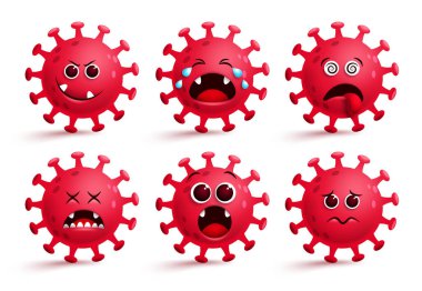Corona virüsü ikon vektörü ayarlandı. Covid-19 Coronavirus ikonu emojisi ve kırmızı üzgün, yaramaz ve baş döndürücü yüz ifadeleri ile küresel salgın hastalık koleksiyonu için beyaza izole edilmiş. Vektör illüstrasyonu. 
