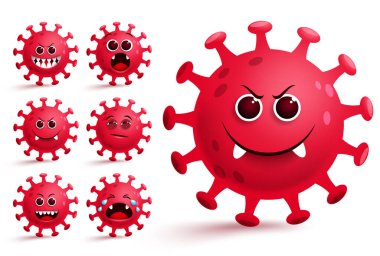 Corona-virus emojis vektörü ayarlandı. Kırmızı covid-19 virüs gülen emojiler ve küresel salgın tasarım elementleri için korkunç yüz ifadesi olan emojiler. Vektör illüstrasyonu.    